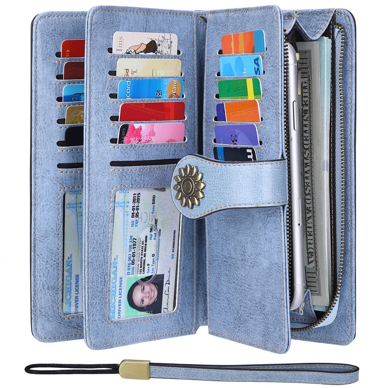 Lavemi Womens Large Capacity Genuine Leather RFID Blocking Wallets Wristlet Clutch Card Holder(1- Light Blue) - Image 1